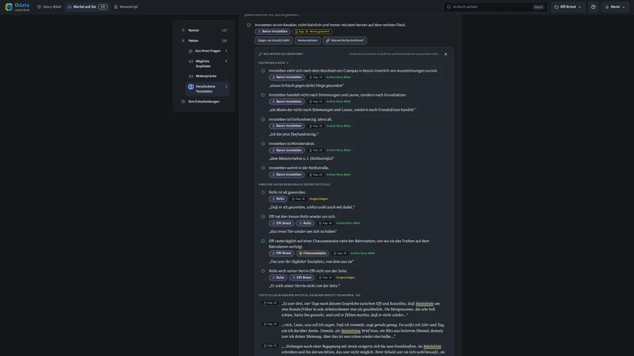 Das Feld Was würde das berühren unter dem geänderten Fakt. Fakten wie dieser, vier weitere Fakten auf dieser Textstelle und Textstellen in anderen Kapiteln, die Baron Innstetten nennen.